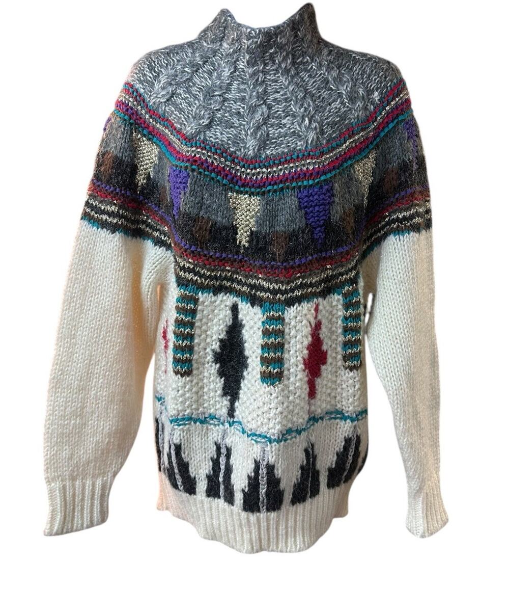 Kitty Hawk Vintage Chunky Ski Sweater S Nordic Geometric Mock Neck Gray Cream